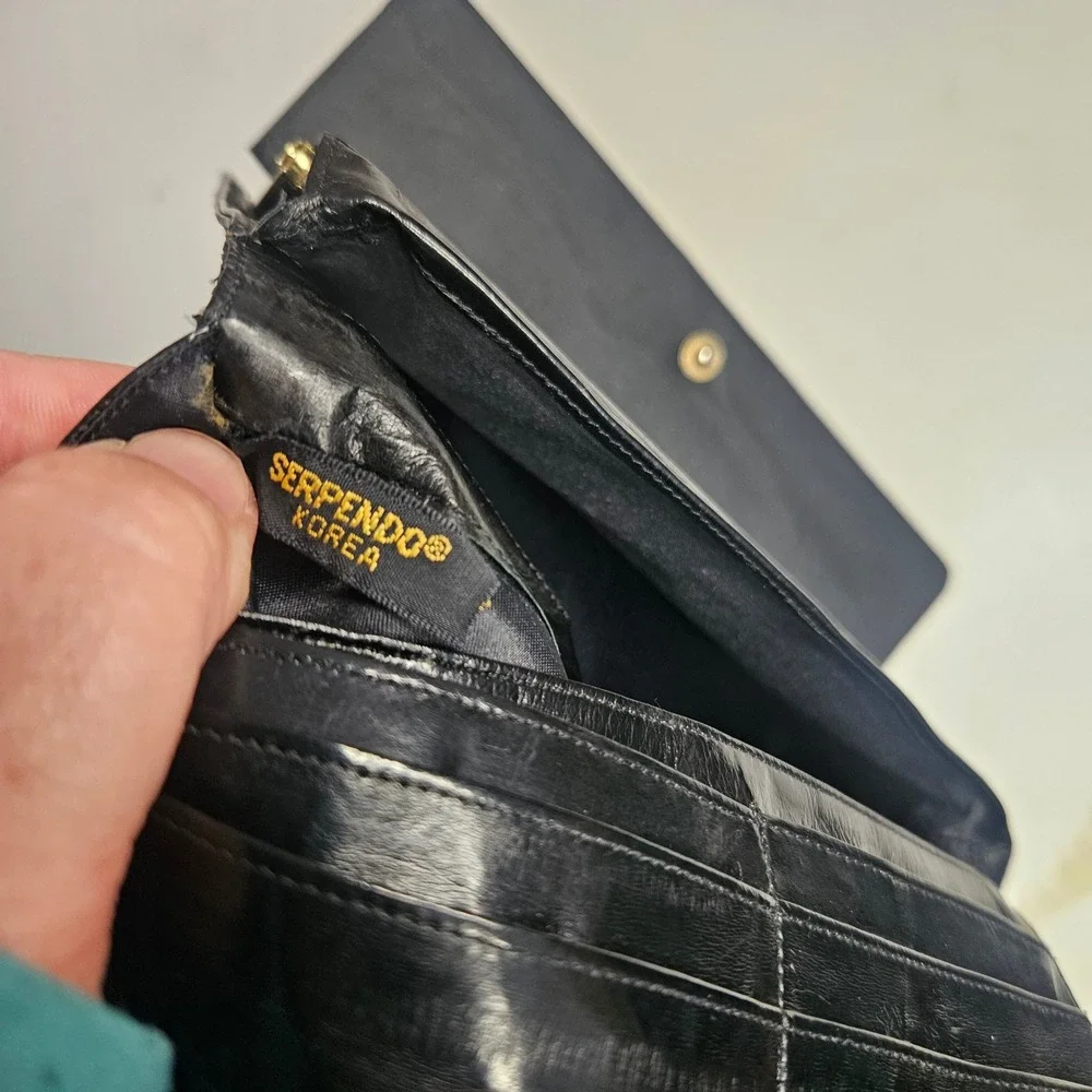 Vintage‎ Serpendo Korea Black Eel Skin Leather Kiss Lock Clutch Wallet Tri-Fold